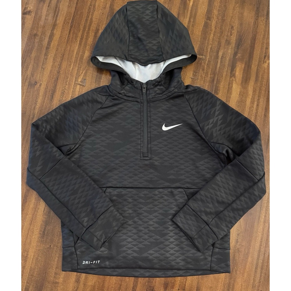 Nike Boys Dri-FIT Therma Half-Zip Hooded Sweatshirt Black Geo-print Diamond Sz L